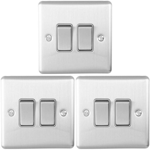 3 PACK 2 Gang Double Metal Light Switch SATIN STEEL 2 Way 10A Grey Trim Loops