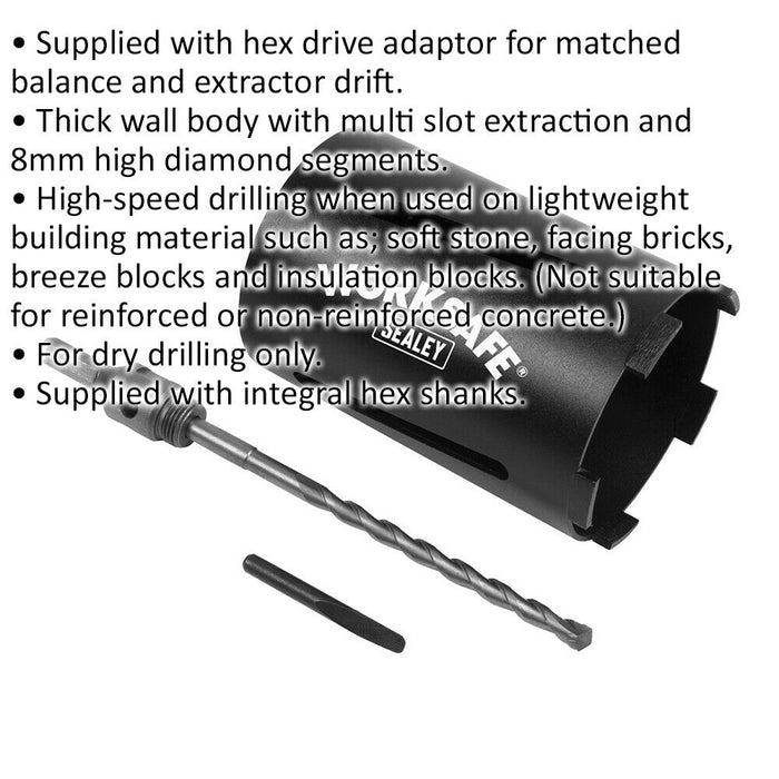 107mm x 150mm - Dry Diamond Core Drill Hole Saw - Hex Drive Adaptor - Drill Bit Loops