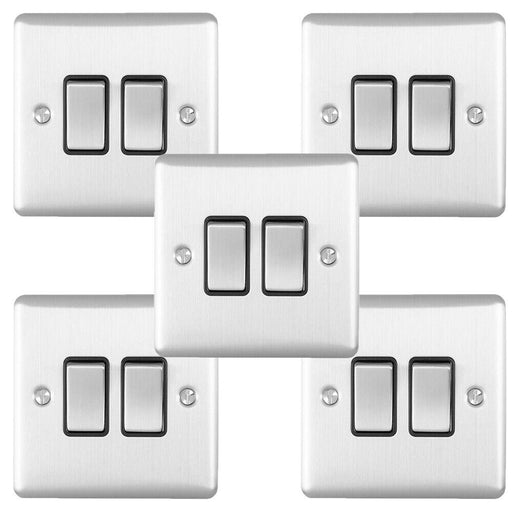 5 PACK 2 Gang Double Metal Light Switch SATIN STEEL 2 Way 10A Black Trim Loops