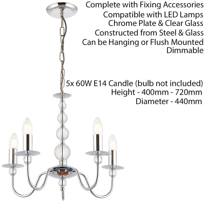 Hanging Flush Ceiling Pendant 5 Light CHROME & GLASS Chandelier Multi Lamp Bulb Loops