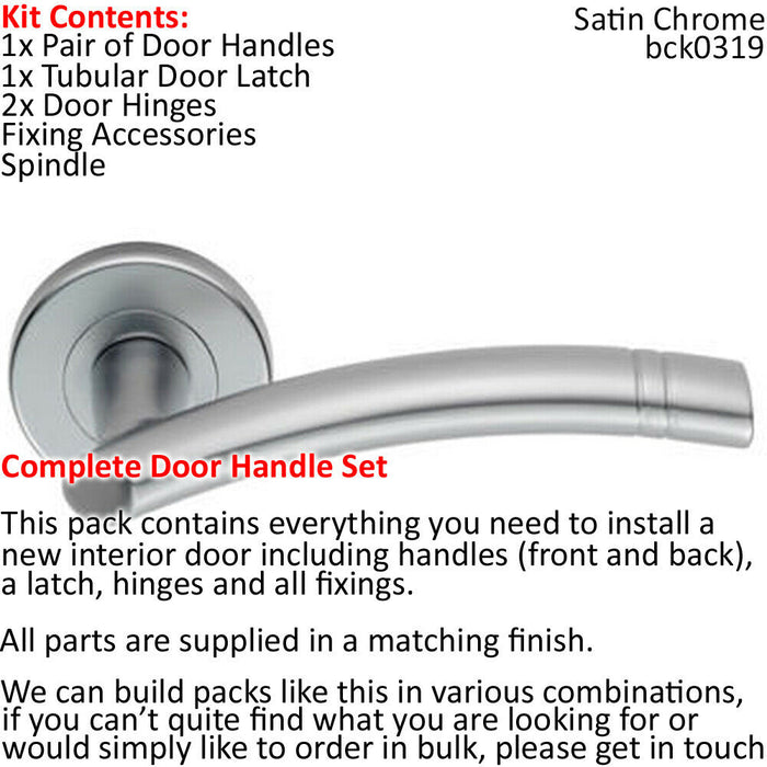 Door Handle & Latch Pack Satin Chrome Arched Ring Lever Screwless Round Rose Loops
