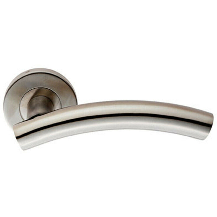 Door Handle & Latch Pack Satin Steel Arched Lever on Screwless Round Rose Loops