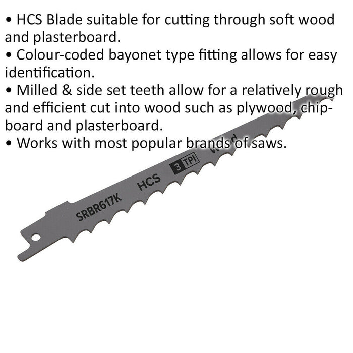 5 PACK 150mm HCS Reciprocating Saw Blade - 3 TPI - Milled Side Set Teeth Loops