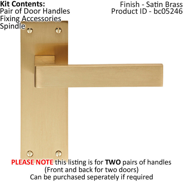 2x PAIR Straight Square Handle on Slim Latch Backplate 150 x 50mm Satin Brass Loops