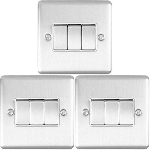 3 PACK 3 Gang Triple Metal Light Switch SATIN STEEL 2 Way 10A White Trim Loops