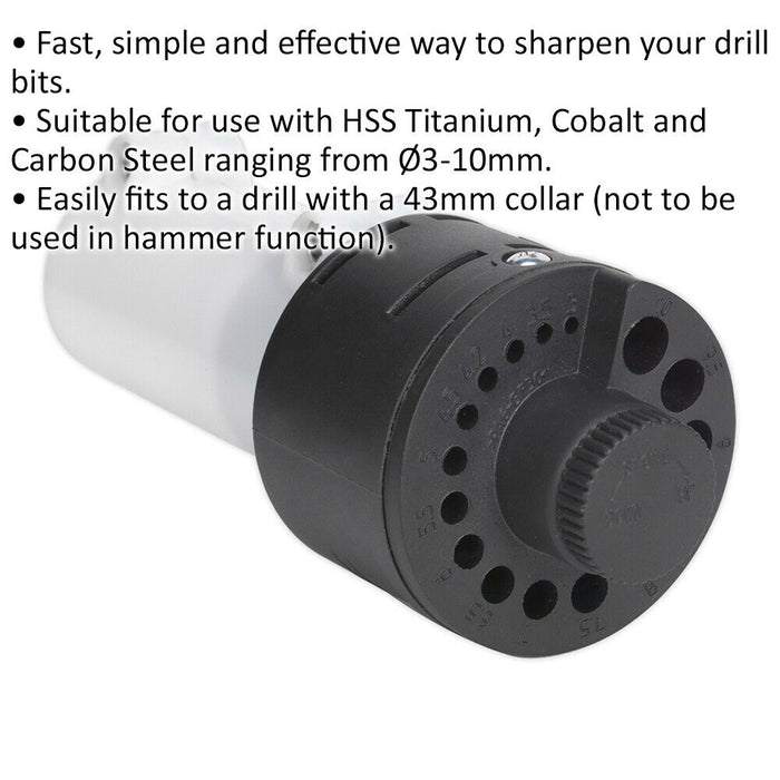 Manual Drill Bit Sharpener - 43mm Collar - 3mm to 10mm Bits - Sharpening Tool Loops