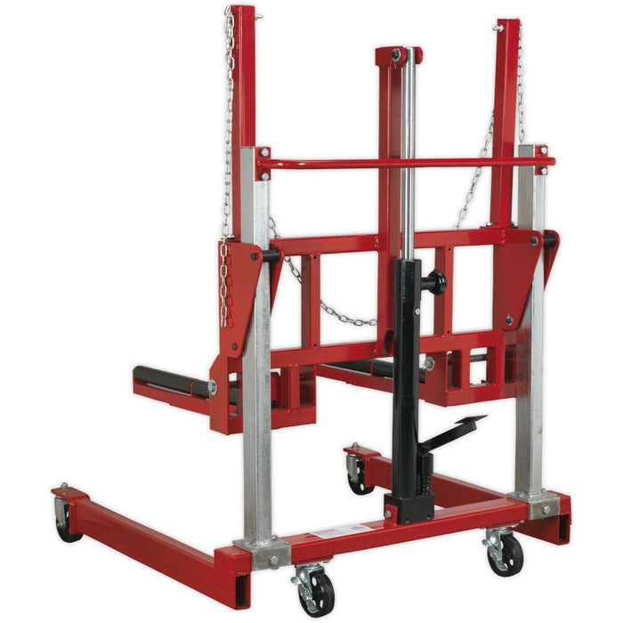 500kg Wheel Removal Trolley - Adjustable Width  & Rollers - Hydraulic Foot Pedal Loops