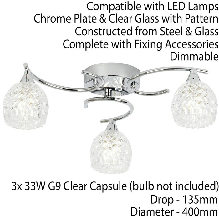 Semi Flush Ceiling Light Chrome Textured Glass 3 Bulb Hanging Pendant Lamp Shade Loops
