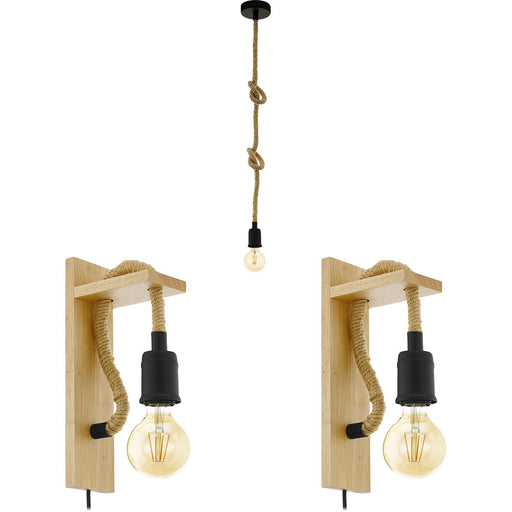 Ceiling Pendant Light & 2x Matching Wall Lights Black & Knot Rope Trendy Lamp Loops
