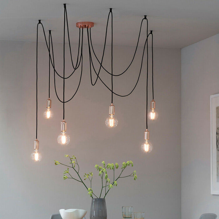 Multi Light Ceiling Pendant 6 Bulb Gloss Copper Industrial Adjustable Hang Hook Loops