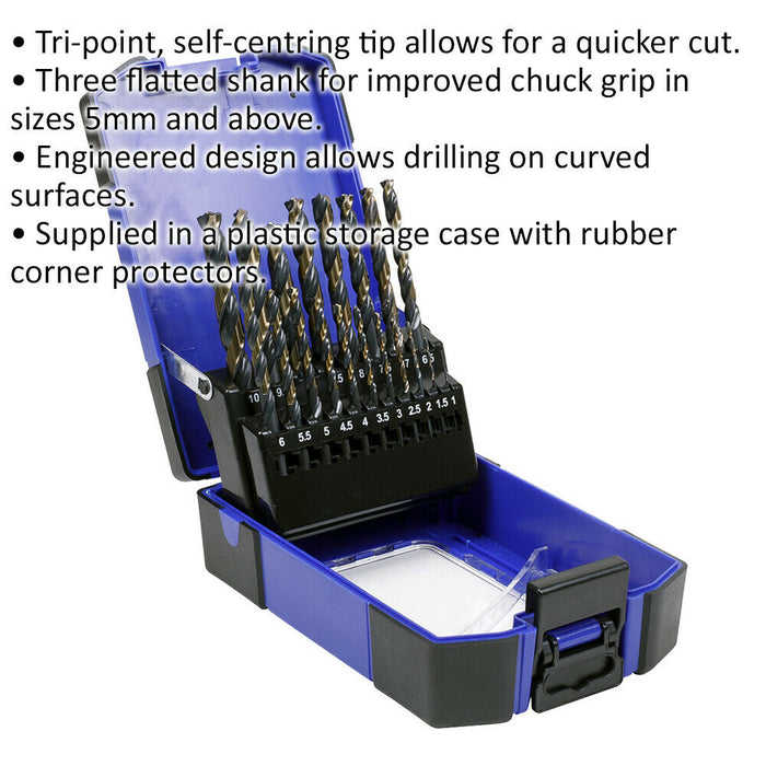 19 Piece HSS Tri-Point M2 Drill Bit Set - 1mm to 10mm Sizes - Self-Centring Tip Loops