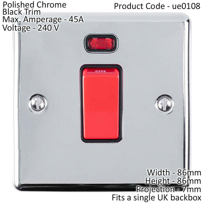 45A DP Oven Switch & Neon Light CHROME & Black Trim Appliance Red Rocker Loops