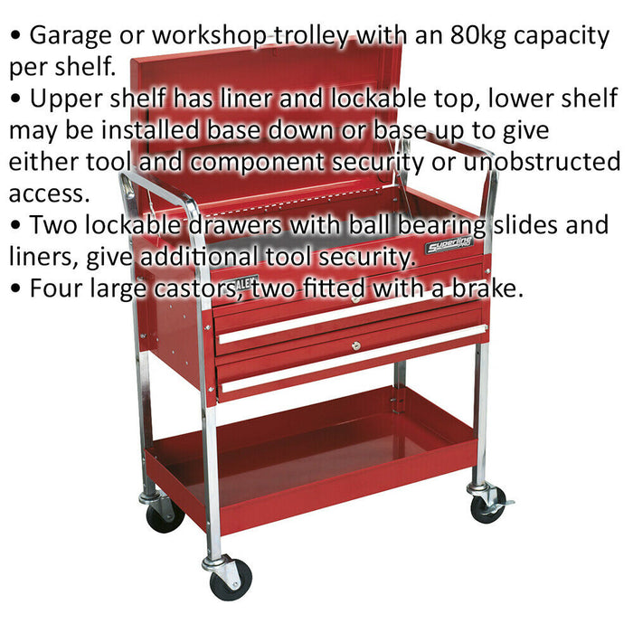 Heavy Duty 2 Level Workshop Trolley - Lockable Top & 2 Drawers - Four Castors Loops
