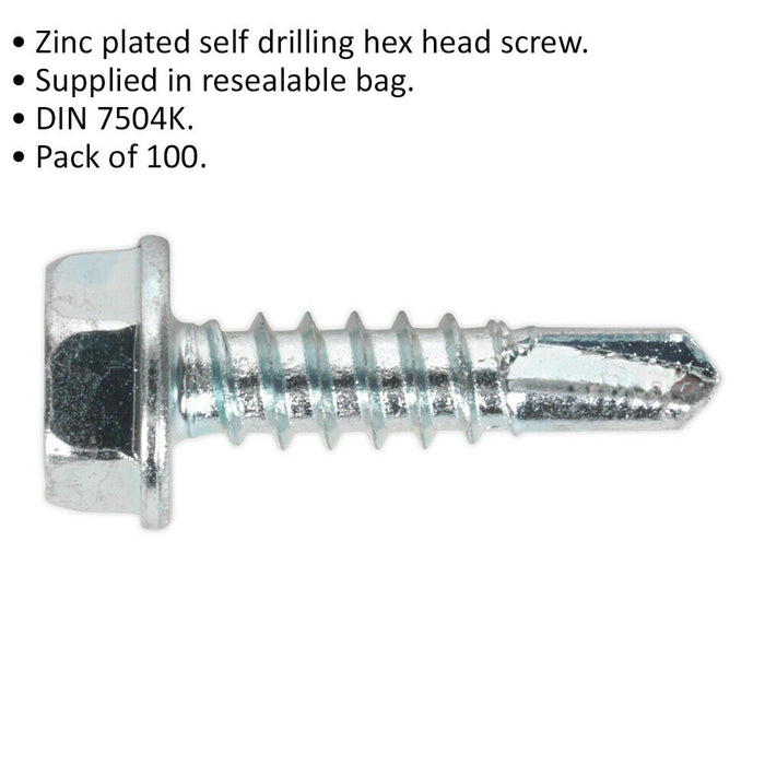 100 PACK 4.8 x 19mm Self Drilling Hex Head Screw - Zinc Plated Fixings Screw Loops