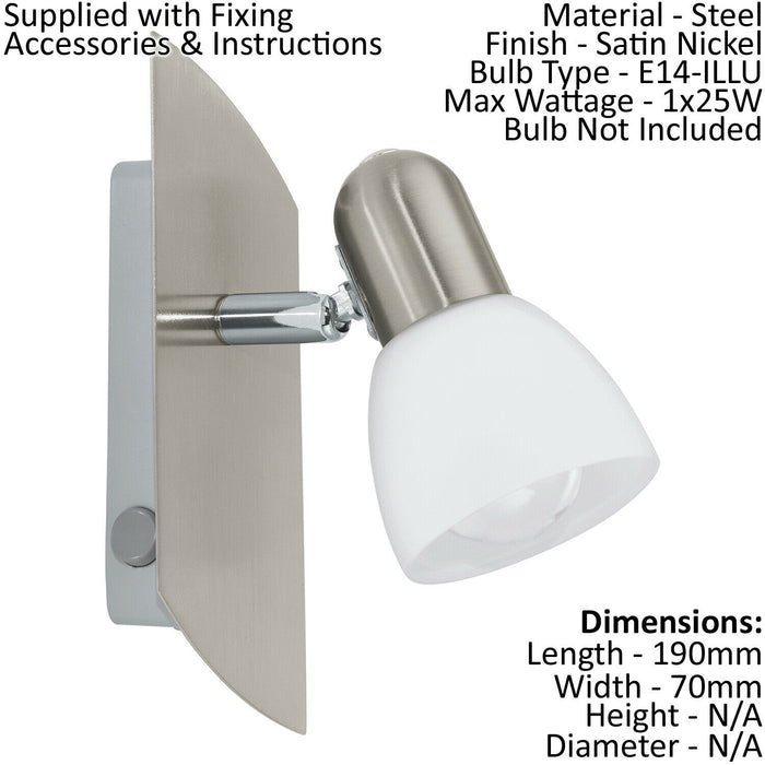 2 PACK Wall Spot Light Colour Satin Nickel Shade White Satin Glass E14 1x25W Loops
