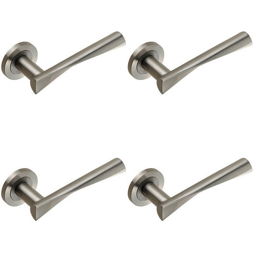 4x PAIR Angular Twisted Lever on Round Rose Concealed Fix Satin Stainless Steel Loops