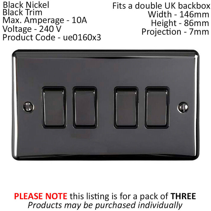 3 PACK 4 Gang Quad Light Switch BLACK NICKEL 2 Way 10A Black Trim Loops