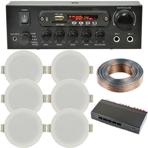 Bluetooth Ceiling Music Kit 3 Zone Stereo Amp & 6x Low Profile HiFi Speaker