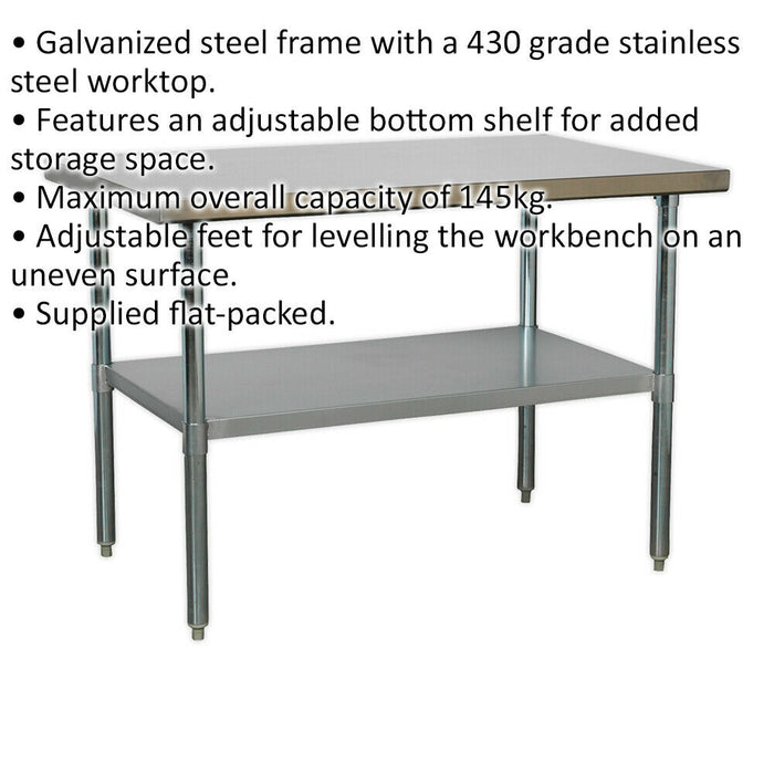 1.2m Stainless Steel Work Bench & Adjustable Storage Shelf - Kitchen Station Loops