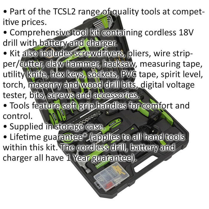 101pc Premium Tool Kit & Cordless Drill - Screwdriver Pliers Hacksaw Hex Keys Loops