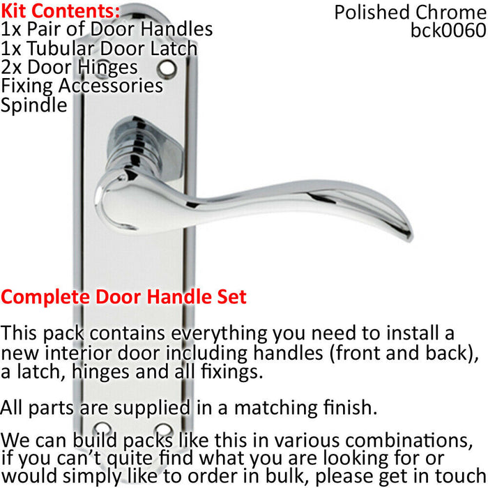 Door Handle & Latch Pack Chrome Victorian Scroll Lever on Backplate 180 x 45mm Loops