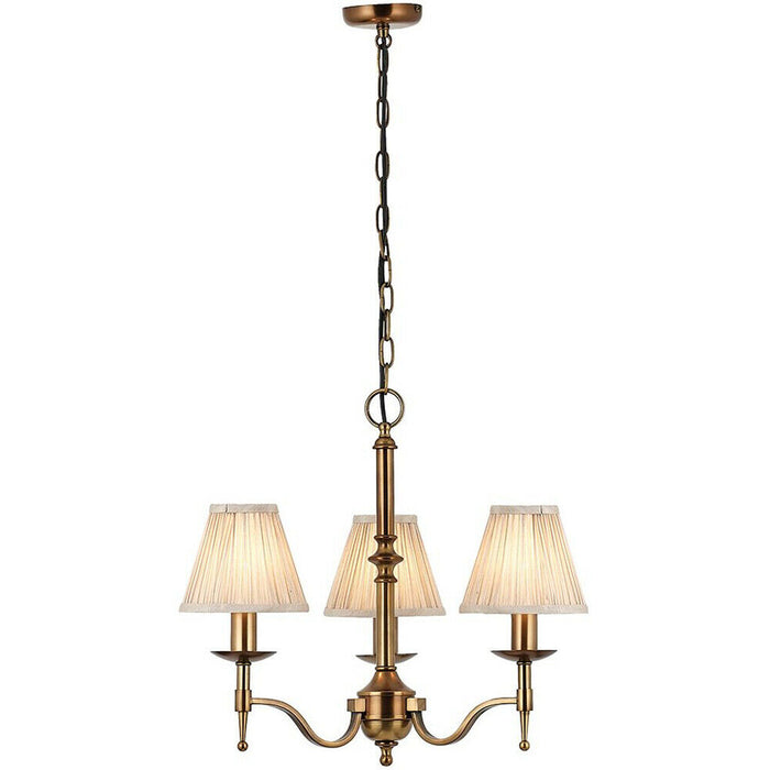 Avery Ceiling Pendant Chandelier Light 3 Lamp Antique Brass & Beige Pleat Shade Loops