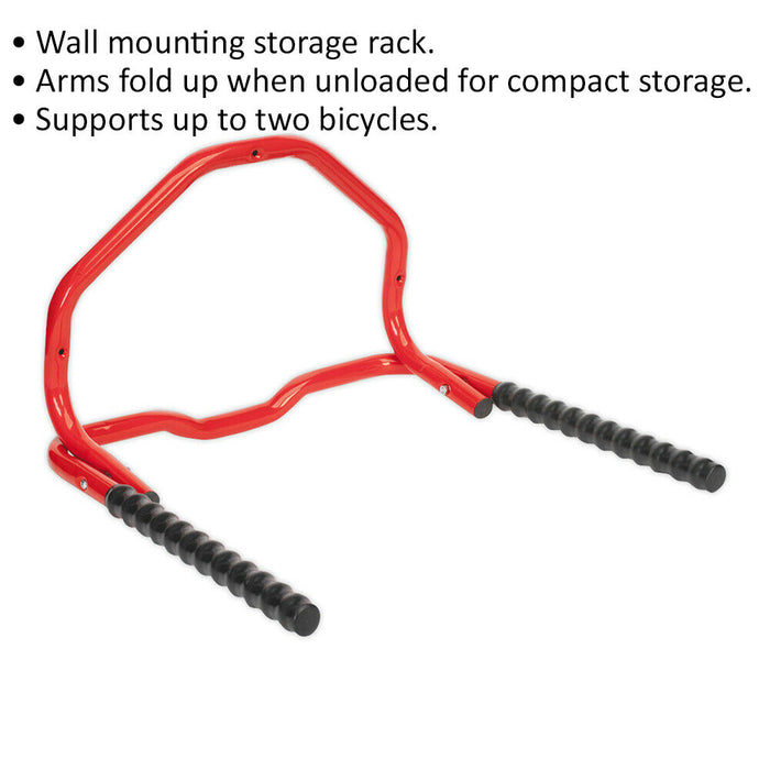 Wall Mounted Folding Bike Rack - Supports Two Bicycles - 40kg Weight Limit Loops