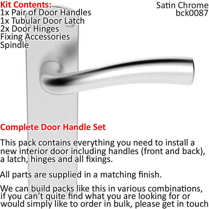Door Handle & Latch Pack Satin Chrome Chunky Curved Lever Rounded Backplate Loops