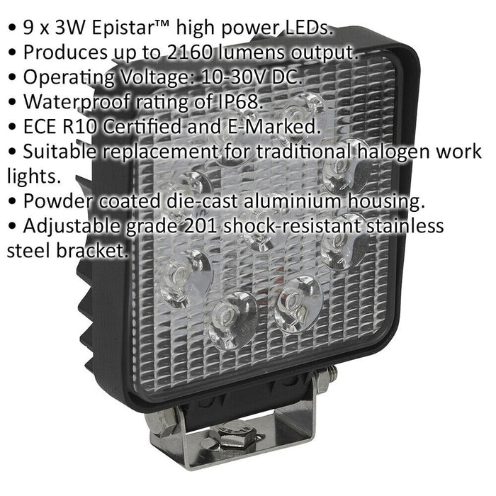 Waterproof Work Light & Mounting Bracket -27W SMD LED - 108mm Square Flash Torch Loops