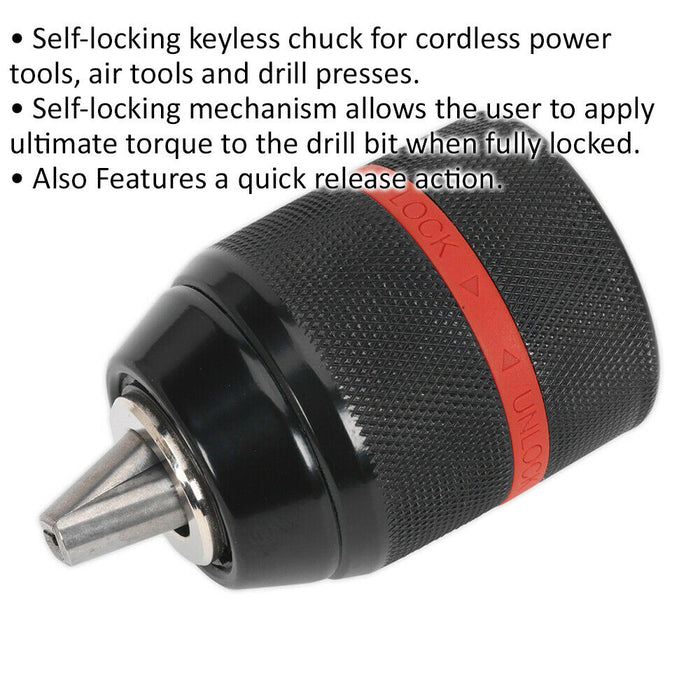 13mm Keyless Drill Chuck - Auto Locking - 1/2" x 20 UNF Thread - Quick Release Loops