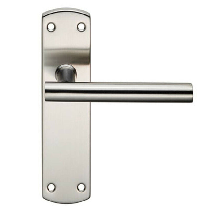 2x Mitred T Bar Lever Door Handle on Latch Backplate 172 x 44mm Satin Steel Loops