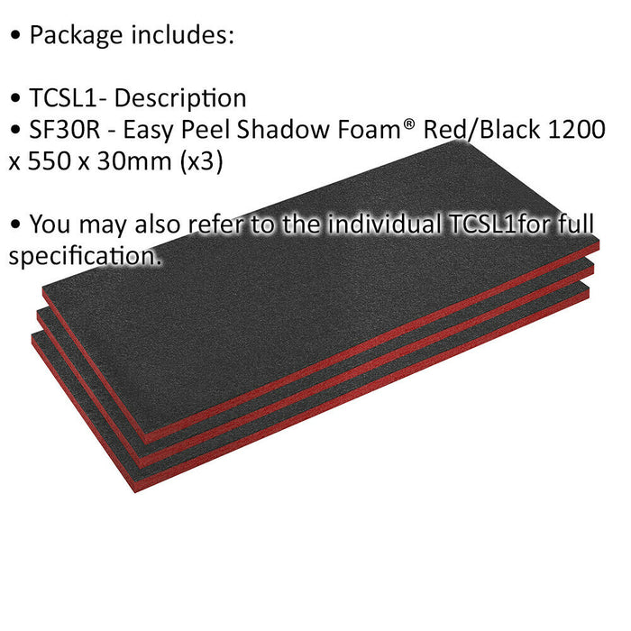 3 PACK 1200 x 550 x 30mm RED Easy Peel / Cut Shadow Foam Tool Chest Flight Case Loops