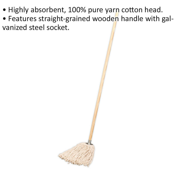 340g Pure Yarn Cotton Mop - Highly Absorbent Cotton Head - Wooden Handle Loops