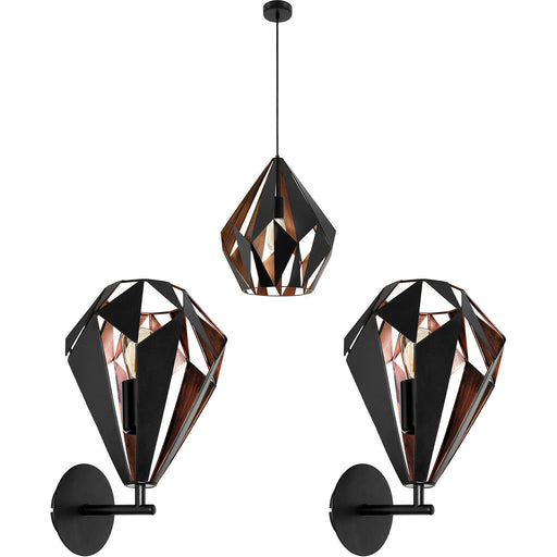 Ceiling Pendant & 2x Matching Wall Lights Black & Copper Shard Geometric Shade Loops