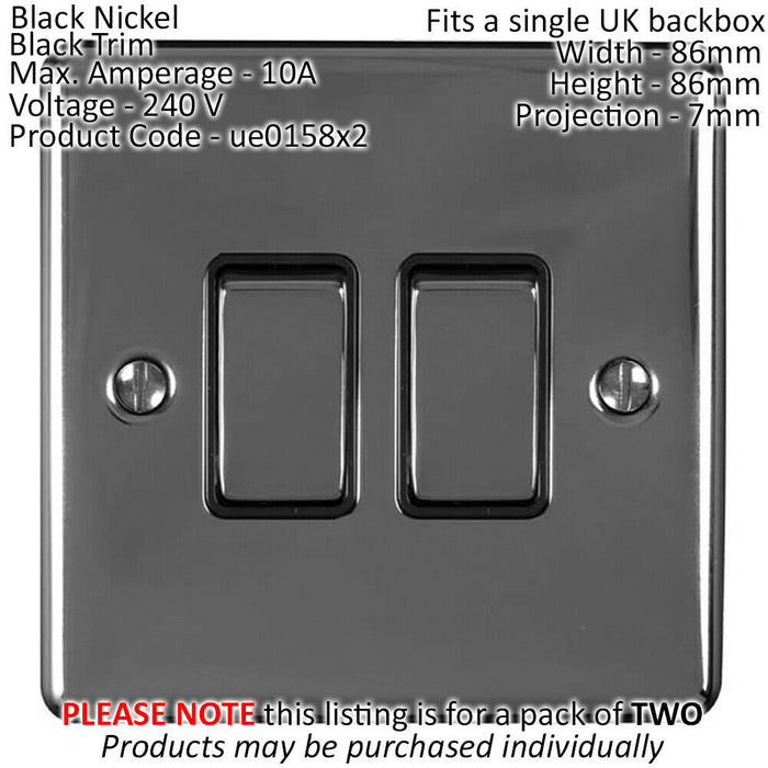 2 PACK 2 Gang Double Metal Light Switch BLACK NICKEL 2 Way 10A Black Trim Loops