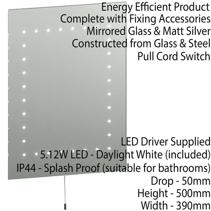 IP44 LED Bathroom Mirror 50cm x 39cm Vanity Studio Wall Light Energy Efficient Loops