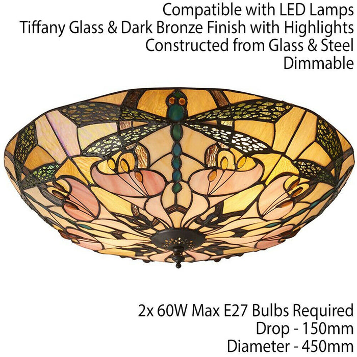 Tiffany Glass Semi Flush Ceiling Light Dragonfly Round Inverted Shade i00032 Loops