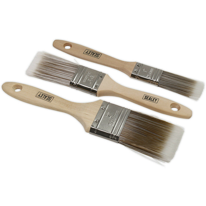 3 Piece Wooden Handle Paint Brush Set - Synthetic Filaments - 25mm 38mm 50mm Loops