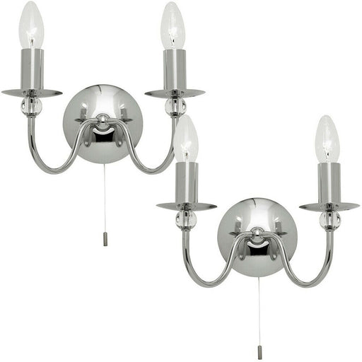 2 PACK LED Twin Wall Light Chrome & Glass Chandelier Metal Arm Dimmable Lamp Loops