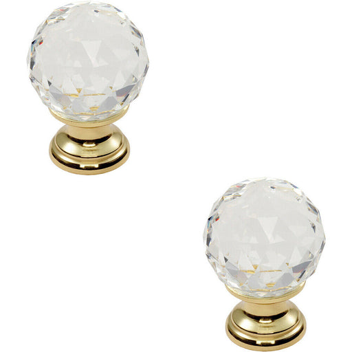 2x Faceted Crystal Cupboard Door Knob 25mm Dia Polished Brass Cabinet Handle Loops