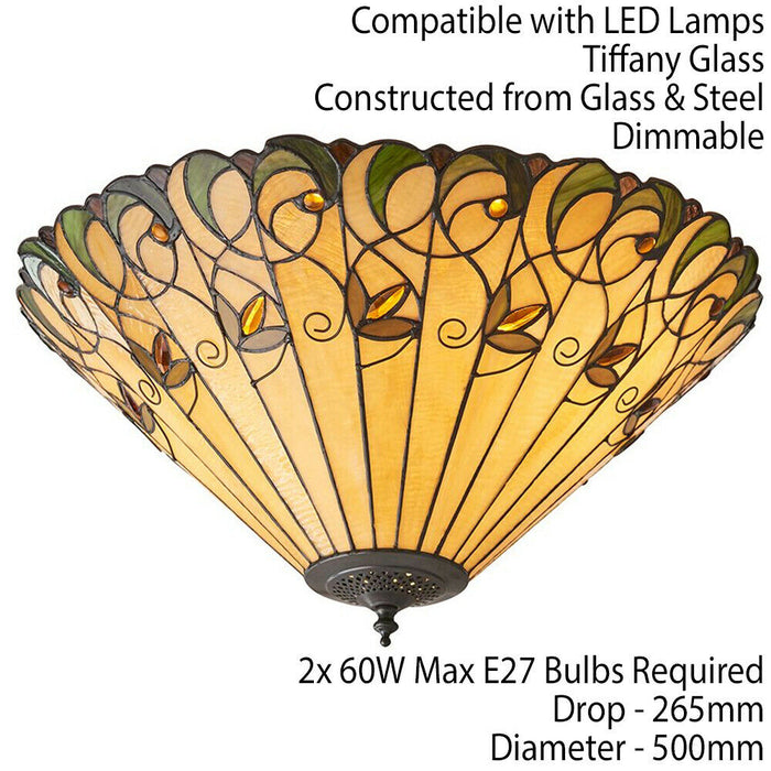 Tiffany Glass Semi Flush Ceiling Light Amber Floral Inverted Round Shade i00051 Loops
