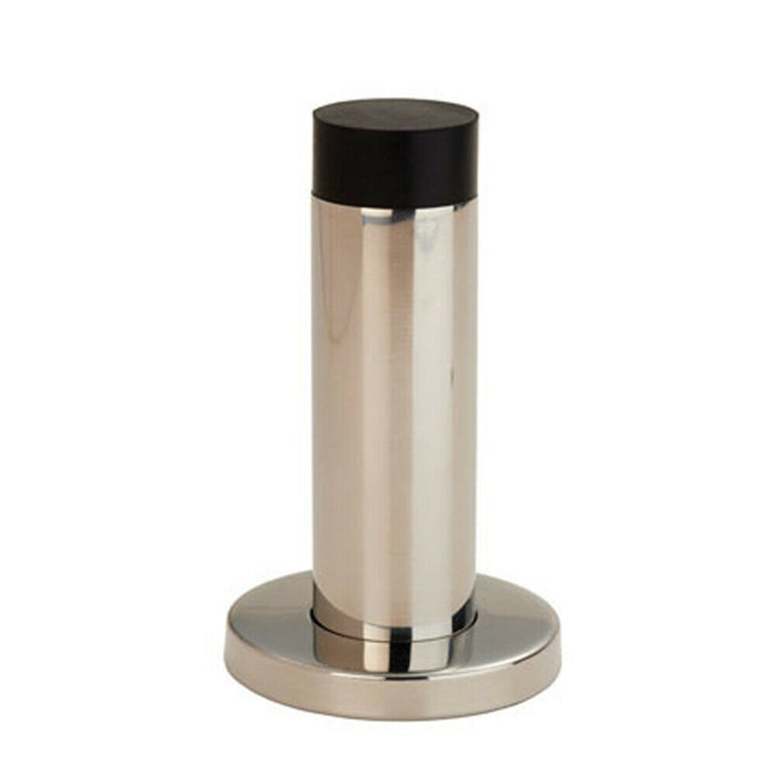 2x Wall Mounted Doorstop Cylinder on Rose Rubber Tip 76 x 22mm Bright Steel Loops