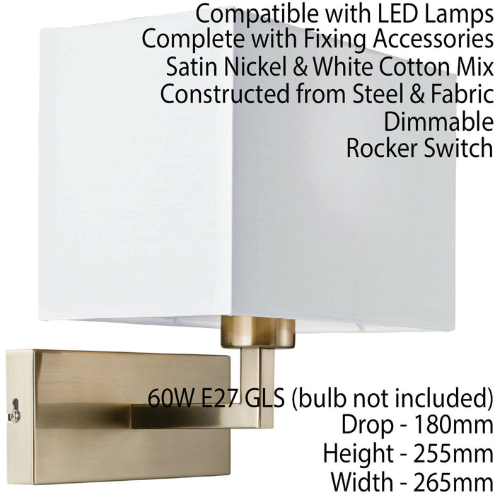 Dimming LED Wall Light Satin Nickel & White Shade Sleek Rectangle Lamp Fitting Loops