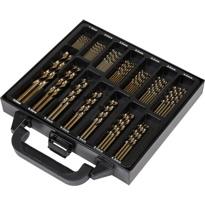 99 Piece Fully Ground HSS Cobalt Drill Bit Set - Split Point Self-Centring Tips Loops