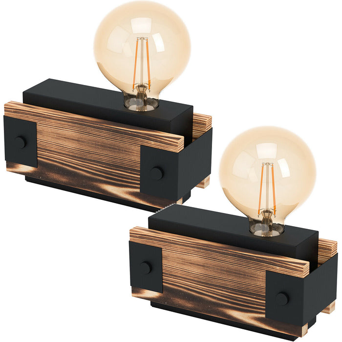 2 PACK Table Lamp Desk Light Black Steel & Wood Bedside Box 1x 16W E27 Loops