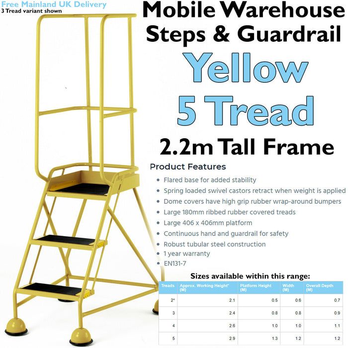 5 Tread Mobile Warehouse Steps & Guardrail YELLOW 2.2m Portable Safety Stairs Loops