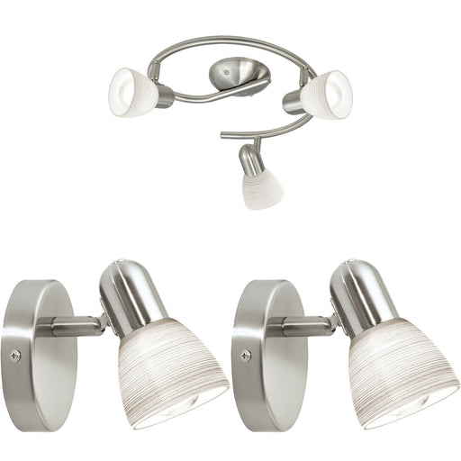 Ceiling Spot Light & 2x Matching Wall Lights Round Satin Nickel Opal Glass Lamp Loops