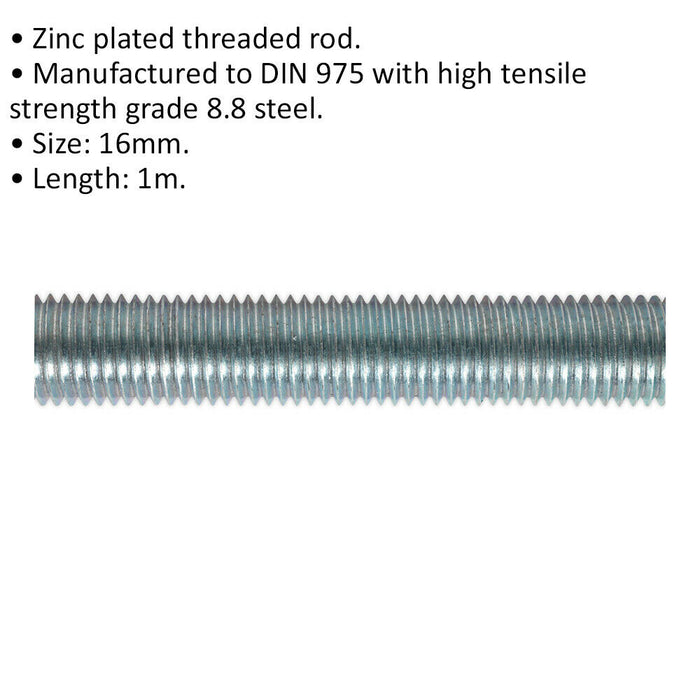 5 PACK Threaded Studding Rod - M16 x 1mm - Grade 8.8 Zinc Plated - DIN 975 Loops