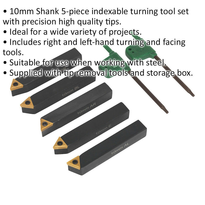 5 Piece Indexable 10mm Lathe Turning Tool Set - Precision Tips - Storage Box Loops