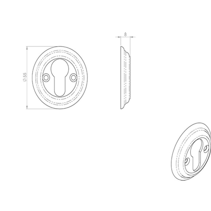 55mm Euro Profile Round Escutcheon Reeded Design Satin Nickel Keyhole Cover Loops